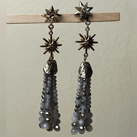 Gold Star Tassel Earrings with Gray Glass Beaded Strands - Picture 2 of 13